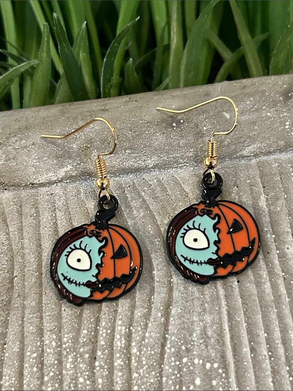 Halloween Pumpkin Face Dangle Earrings - Orange and Teal